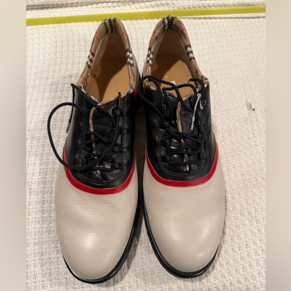 Burberry mens saddle leather golf shoes red and cream color - Picture 1 of 12